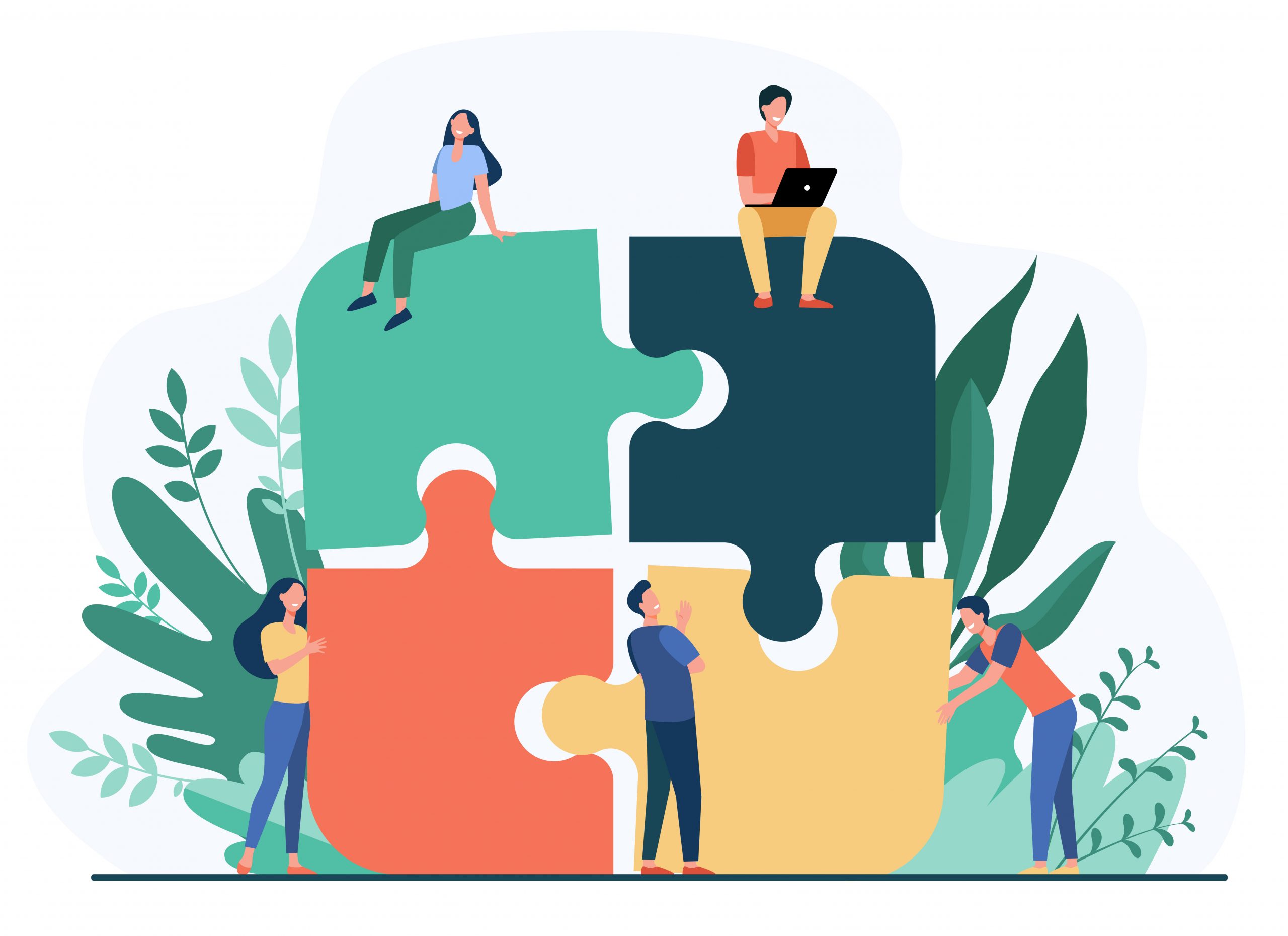 Business team putting together jigsaw puzzle